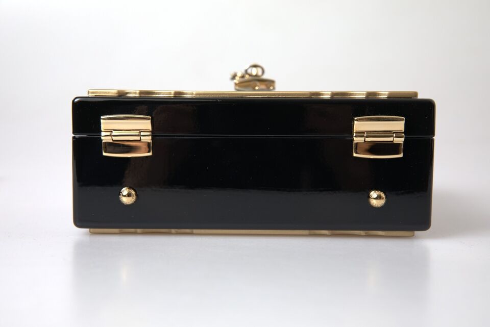 Elegant Floral Wood-Leather Box Bag with Gold Accents