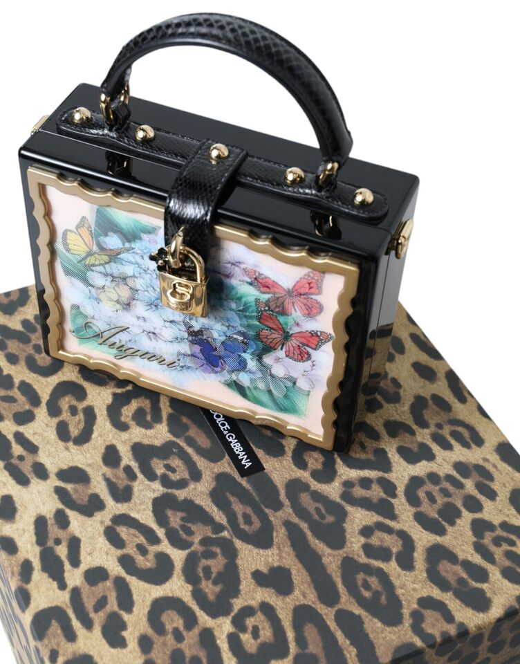 Elegant Floral Wood-Leather Box Bag with Gold Accents