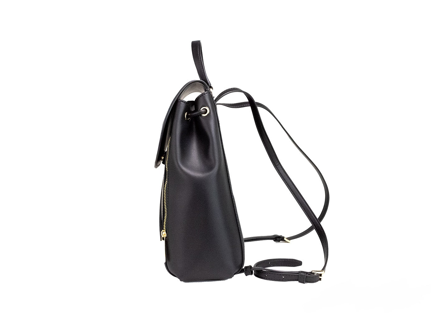 Phoebe Medium Black Smooth Leather Drawstring Flap Backpack Bookbag