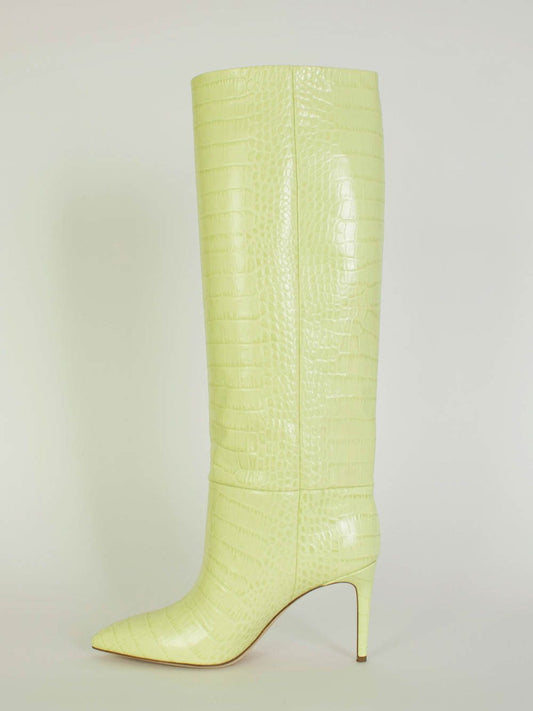 Elegant Lime Croco Leather High Stiletto Boots