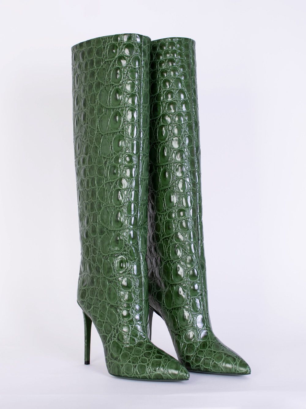 Emerald Croco Print Leather High Stiletto Boots