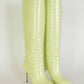 Elegant Lime Croco Leather High Stiletto Boots