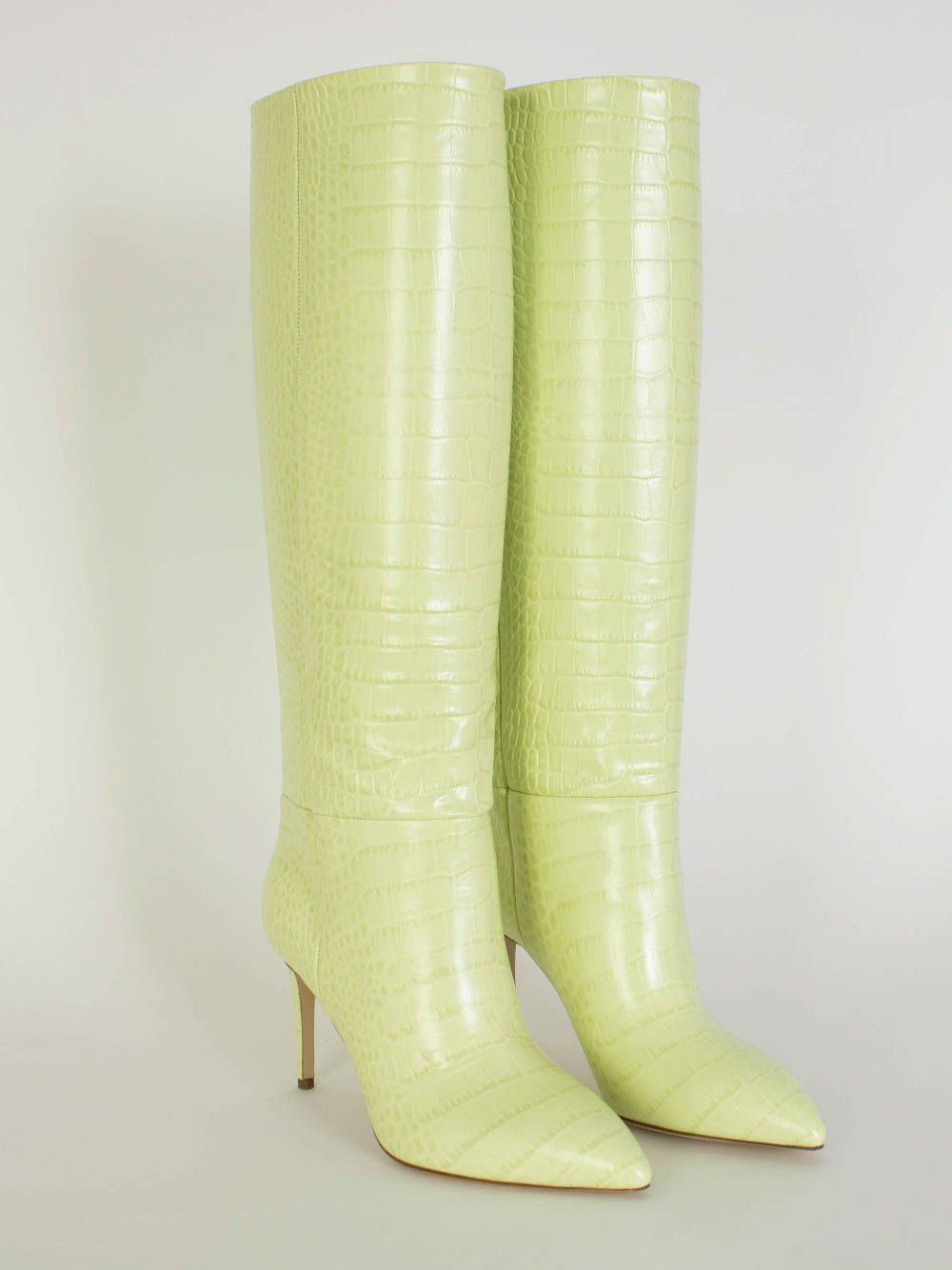 Elegant Lime Croco Leather High Stiletto Boots