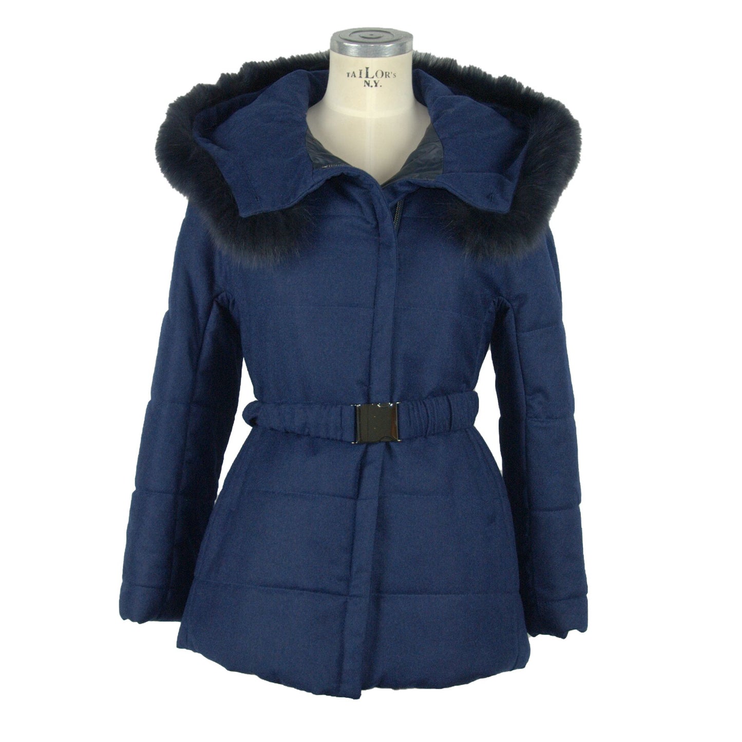 Elegant Italian Blue Fur-Trimmed Coat