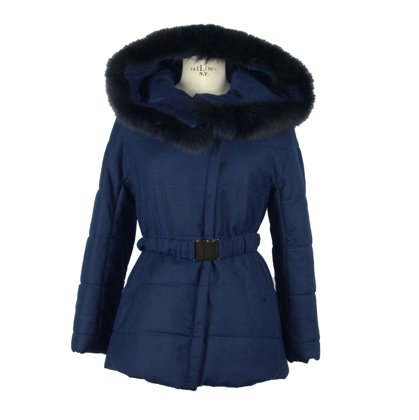 Elegant Italian Blue Fur-Trimmed Coat