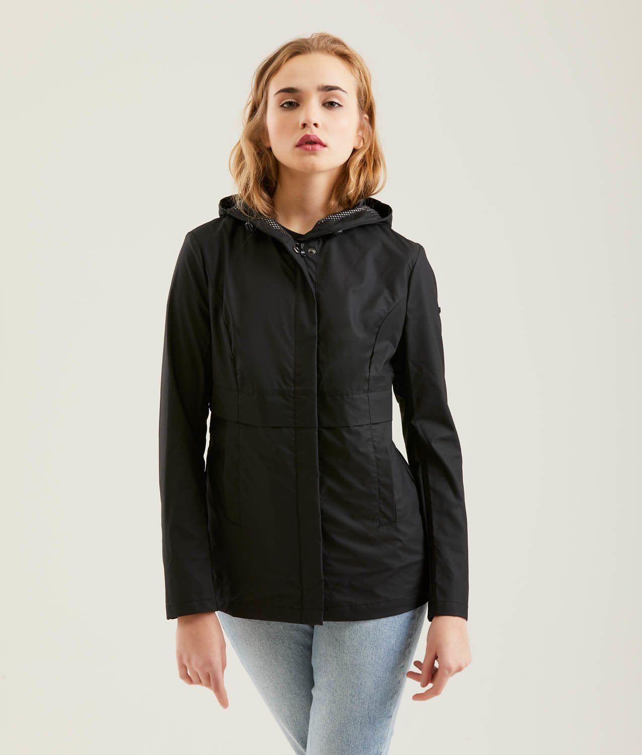 Sleek Black Polyester Jacket for the Modern Woman
