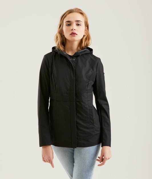 Sleek Black Polyester Jacket for the Modern Woman