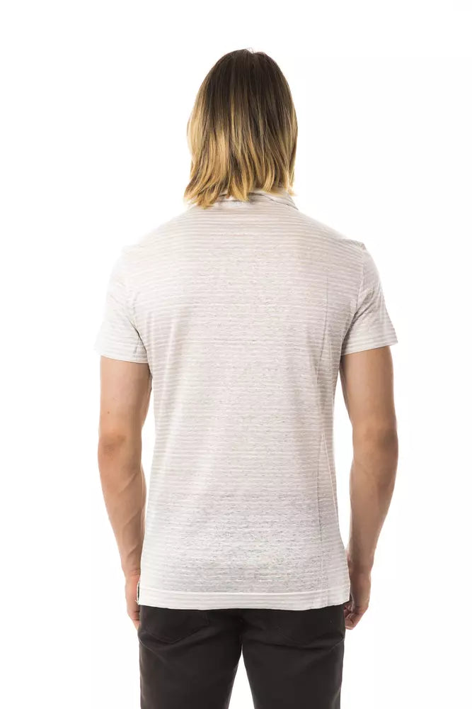 Elegant Beige Linen Polo with Chest Embroidery