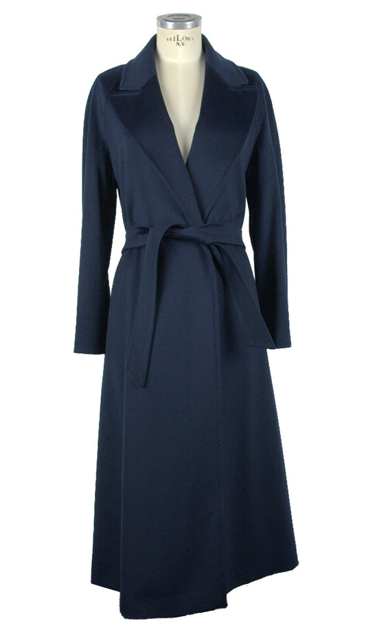 Elegant Blue Virgin Wool Coat with Belt