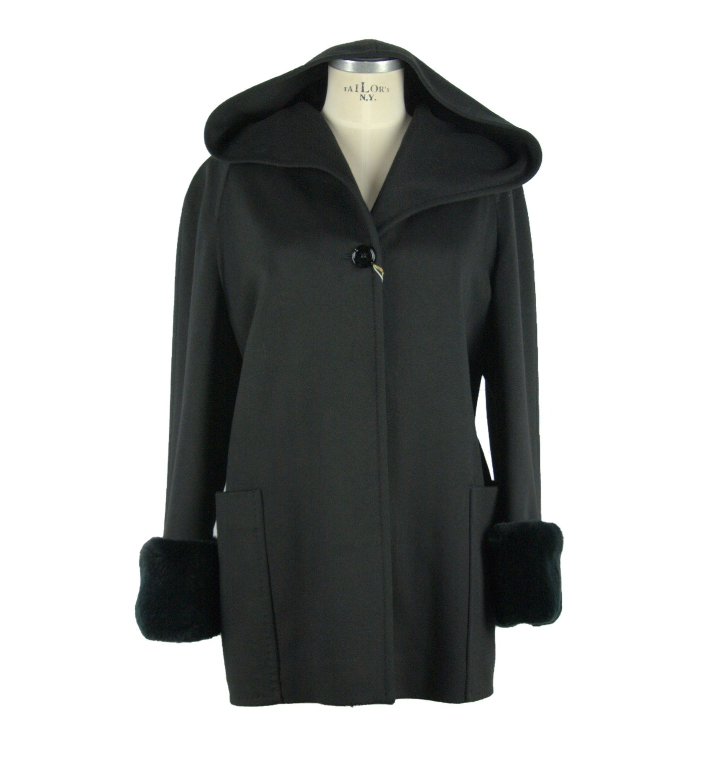 Elegant Black Virgin Wool Coat with Fox Fur