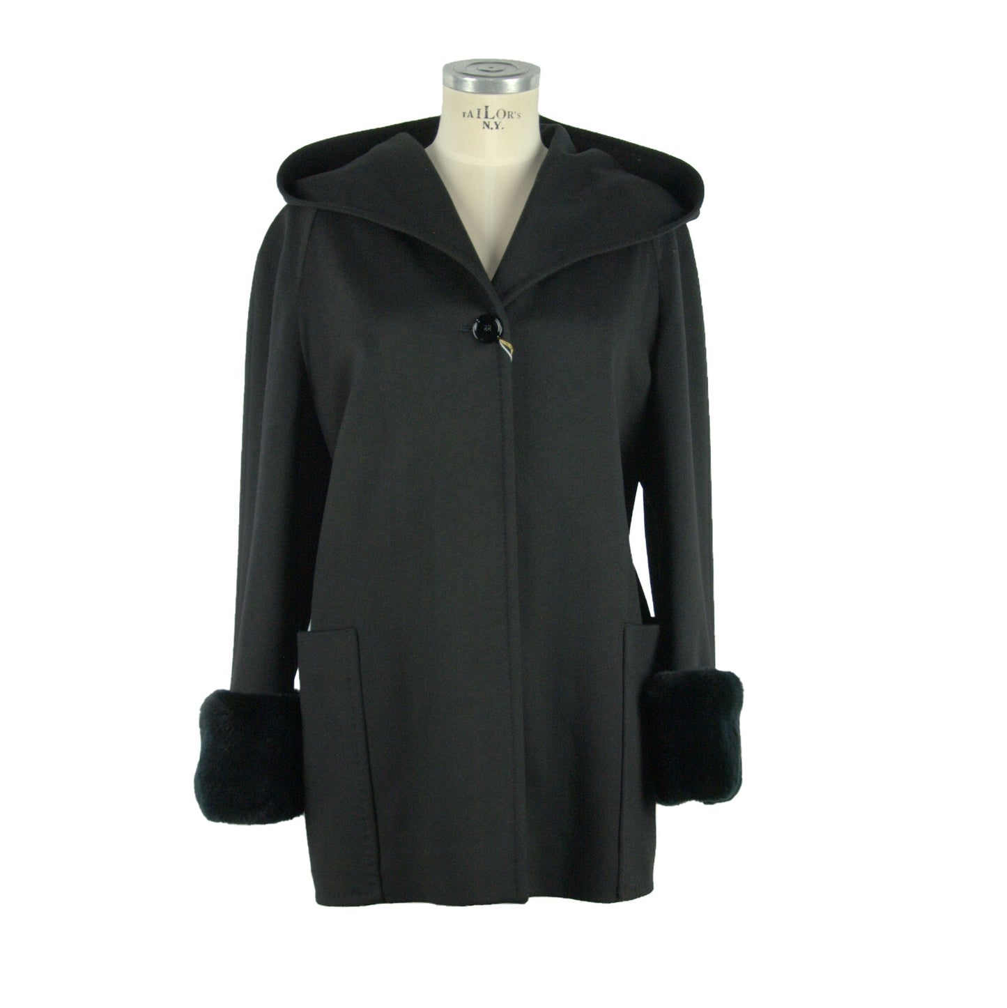 Elegant Black Virgin Wool Coat with Fox Fur