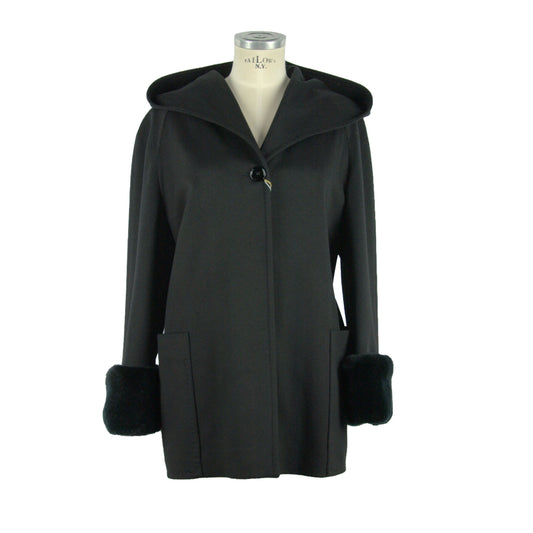 Elegant Black Virgin Wool Coat with Fox Fur