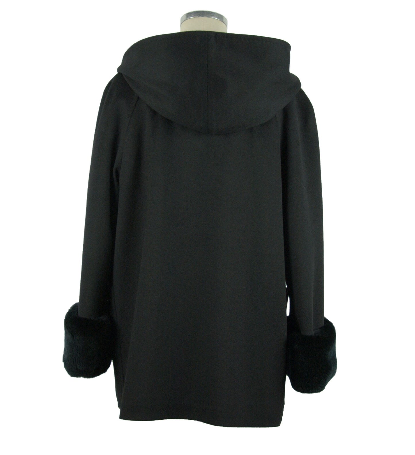 Elegant Black Virgin Wool Coat with Fox Fur