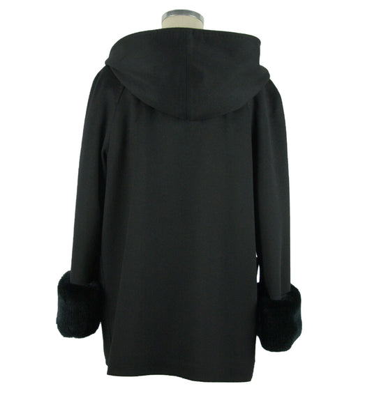 Elegant Black Virgin Wool Coat with Fox Fur