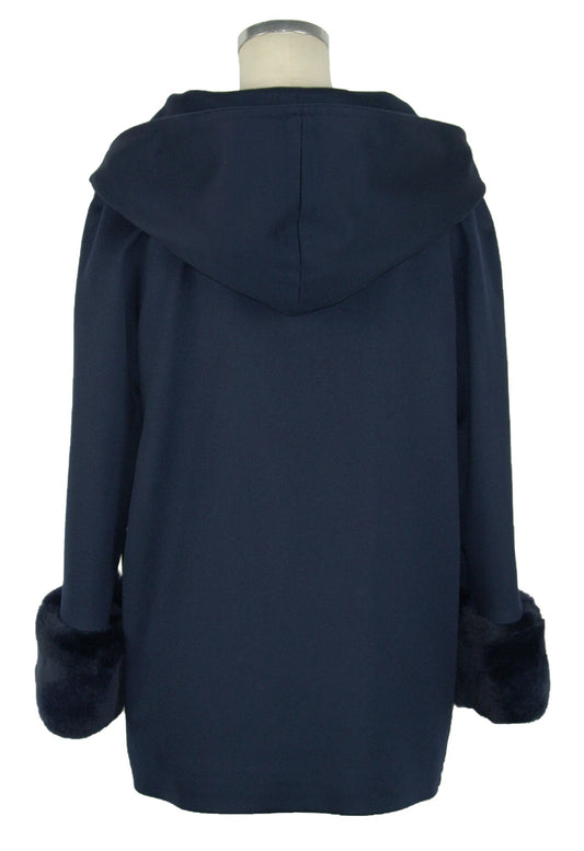 Elegant Blue Virgin Wool Coat with Natural Fox Fur