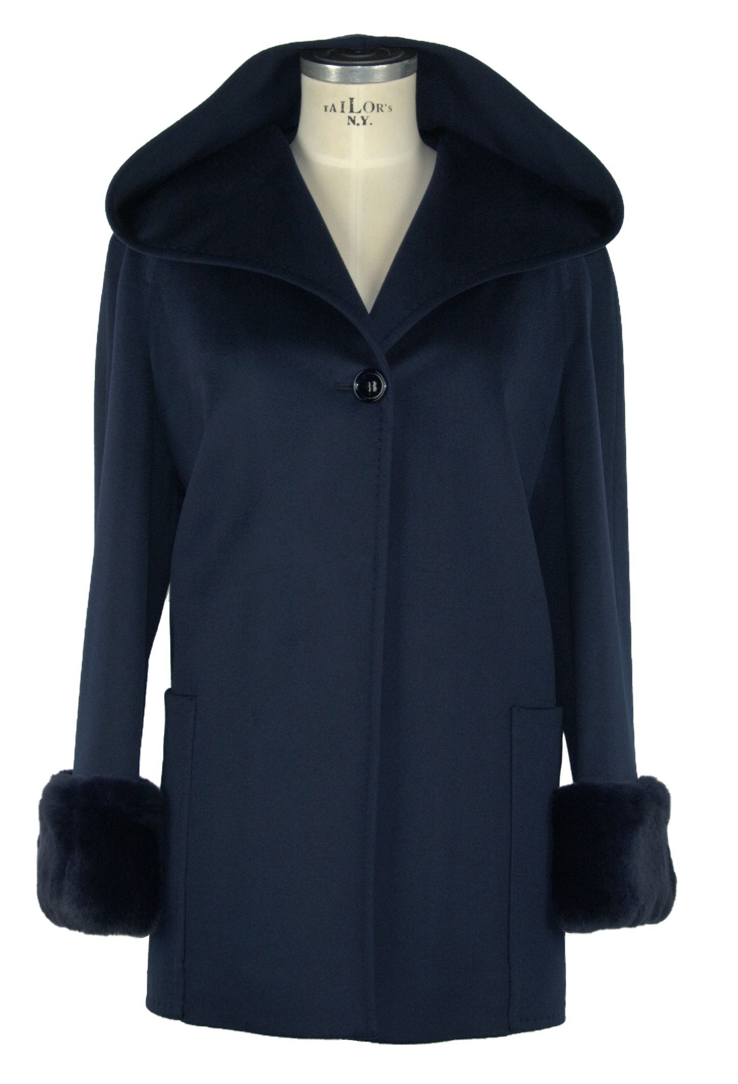 Elegant Blue Virgin Wool Coat with Natural Fox Fur