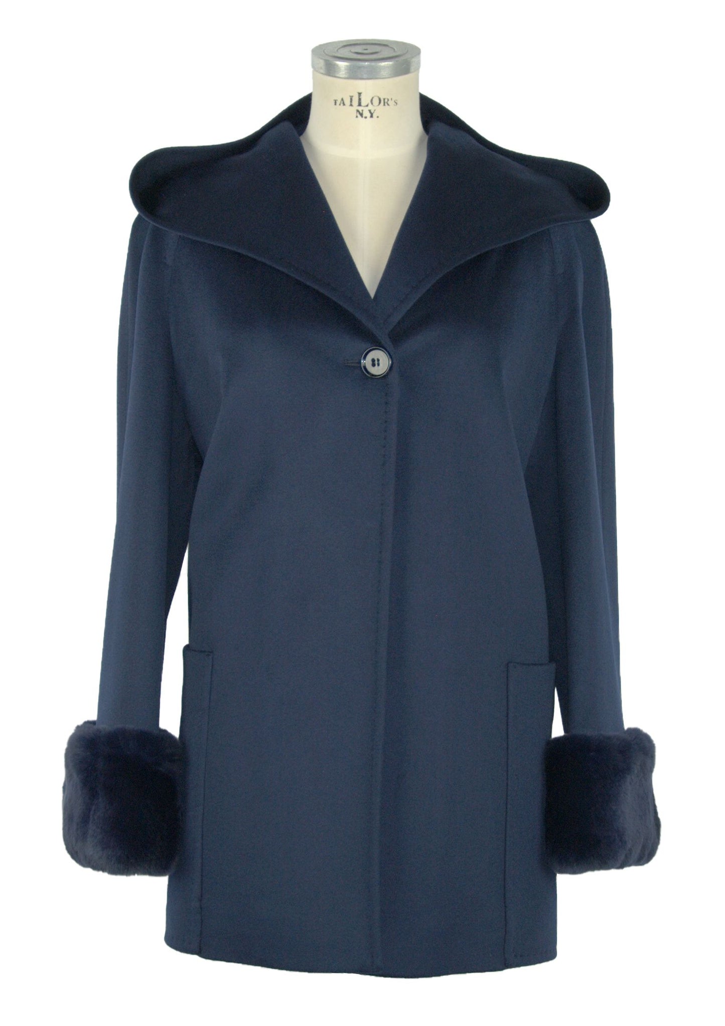 Elegant Blue Virgin Wool Coat with Natural Fox Fur