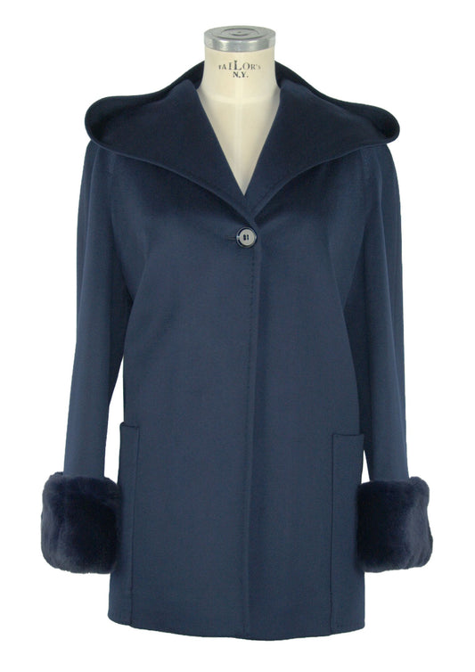 Elegant Blue Virgin Wool Coat with Natural Fox Fur