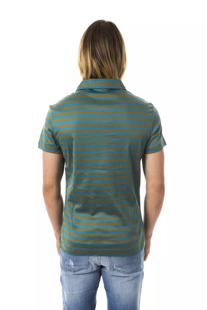 Green Striped Cotton Polo with Chest Embroidery
