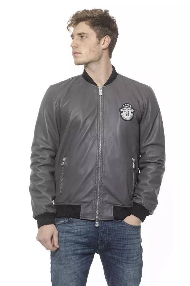 Elegant Gray Leather Bomber Jacket for Men