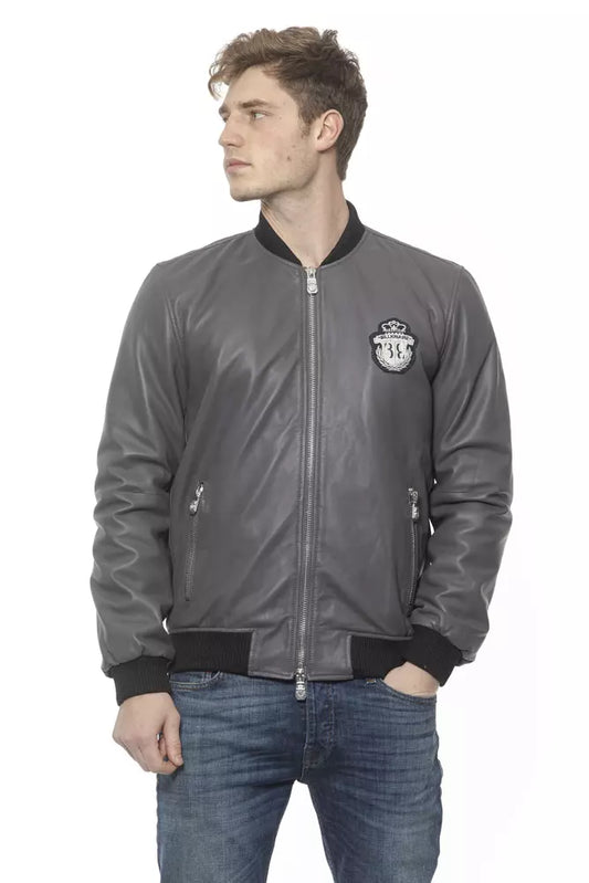 Elegant Gray Leather Bomber Jacket for Men