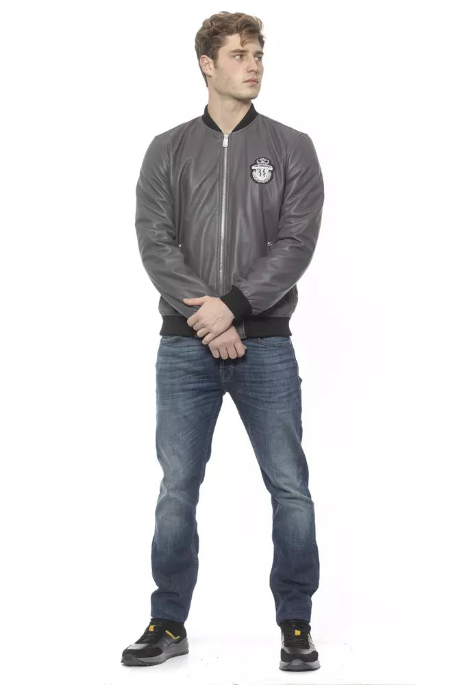 Elegant Gray Leather Bomber Jacket for Men