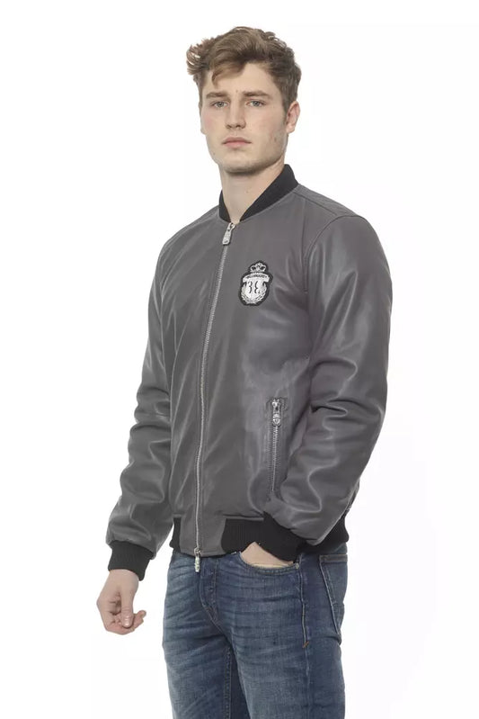Elegant Gray Leather Bomber Jacket for Men
