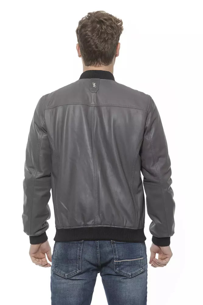 Elegant Gray Leather Bomber Jacket for Men