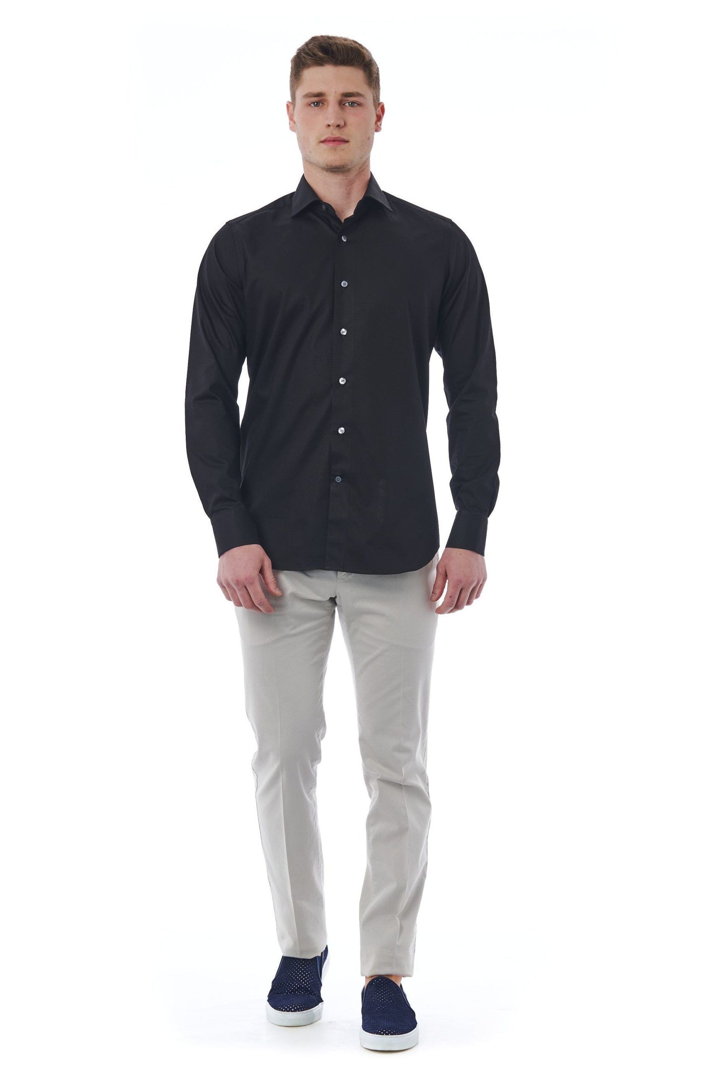 Sleek Black Slim Fit French Collar Shirt