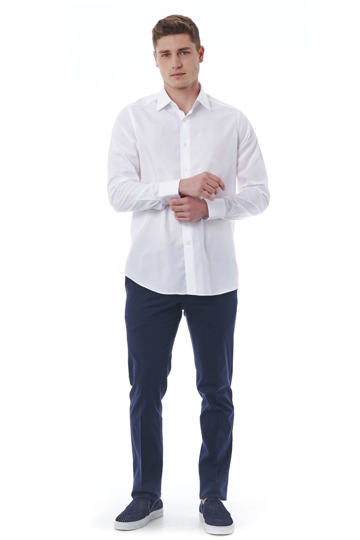 Elegant White Italian Collar Cotton Shirt