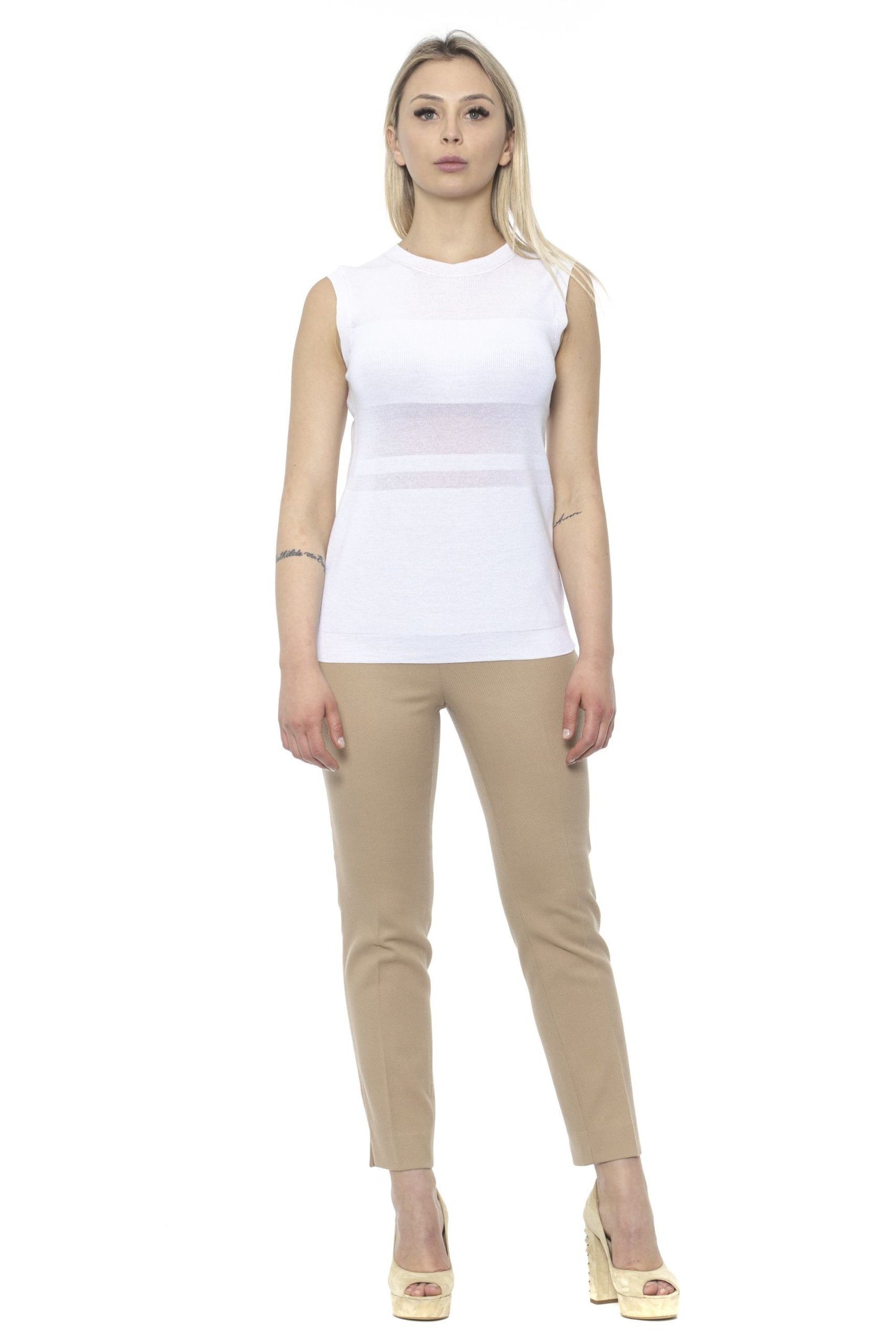 Chic Beige Slim Fit Piquet Pants with Side Zip