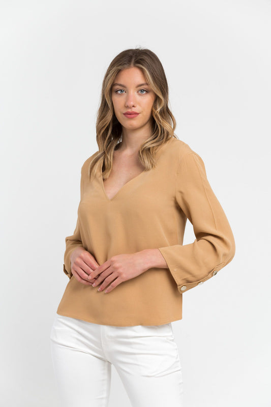 Elegant Beige Viscose Blend V-Neck Blouse