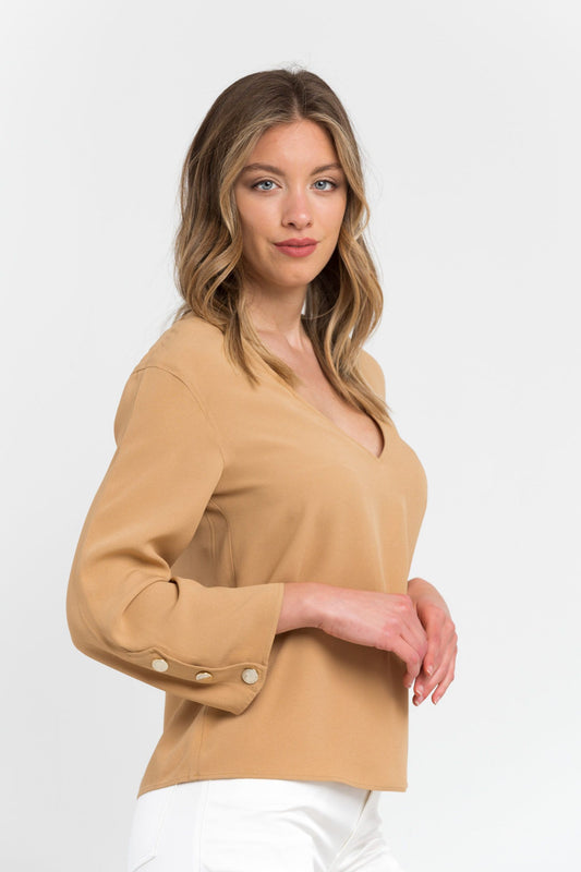 Elegant Beige Viscose Blend V-Neck Blouse