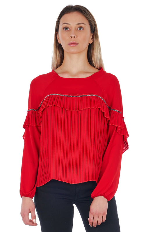 Elegant Red Pleated Long-Sleeve Blouse