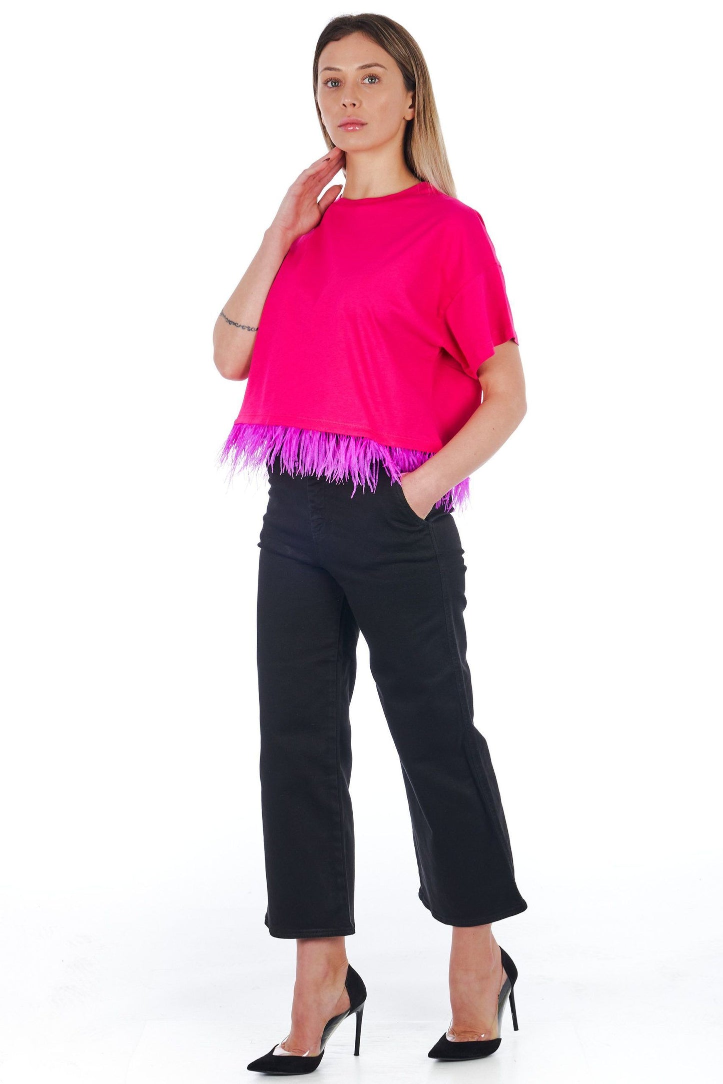 Oversized Feathered Hem Pink Tee