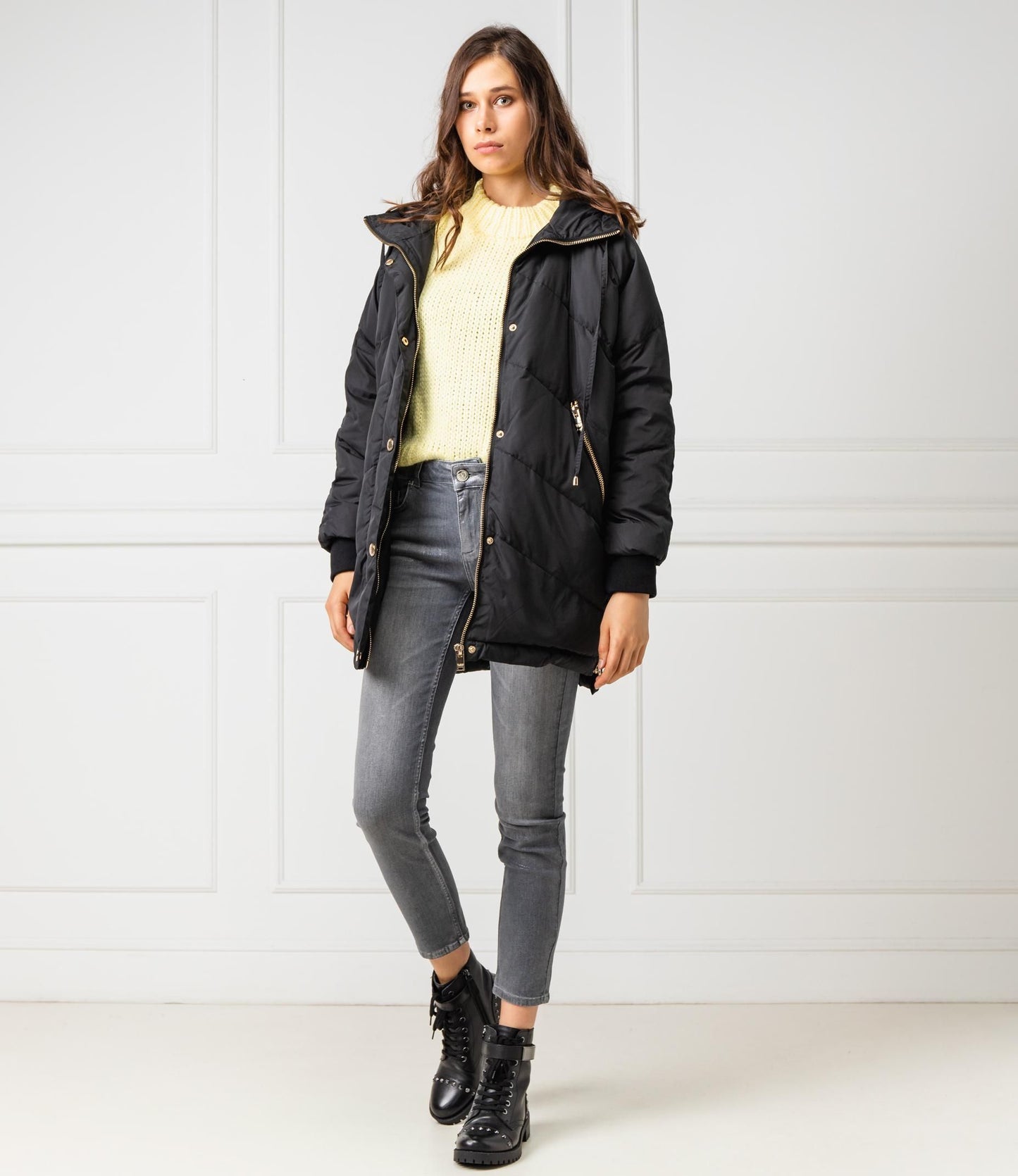 Quilted High Collar Down Jacket in Black