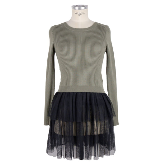 Chic Green Ribbed Sweater with Belt and Tulle Tank Combo