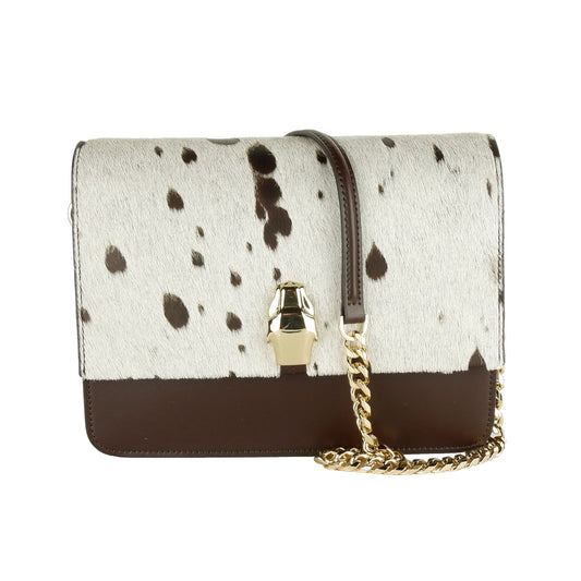 Chic White & Brown Medium Shoulder Bag