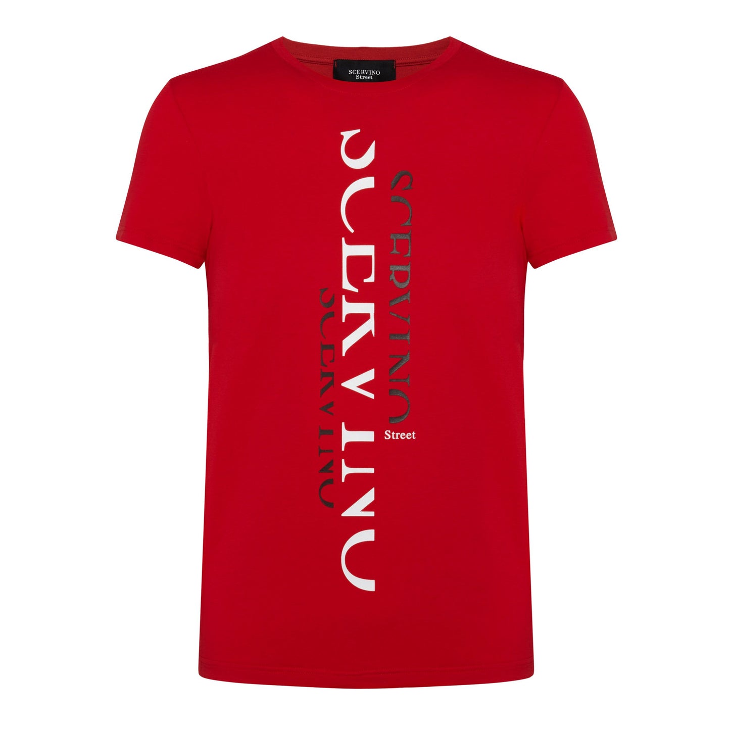 Elegant Red Cotton Tee with Vertical Logo