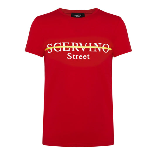 Elegant Red Cotton Tee with Logo Accent