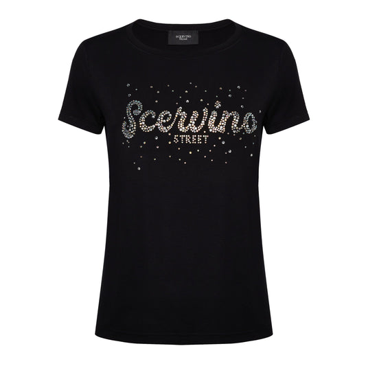 Elegant Black Cotton Tee with Strass Logo