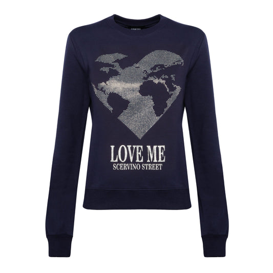 Blue Strass Logo Cotton Sweatshirt