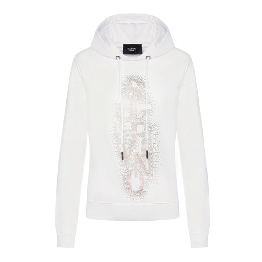 Elegant White Hooded Sweatshirt with Strass Logo