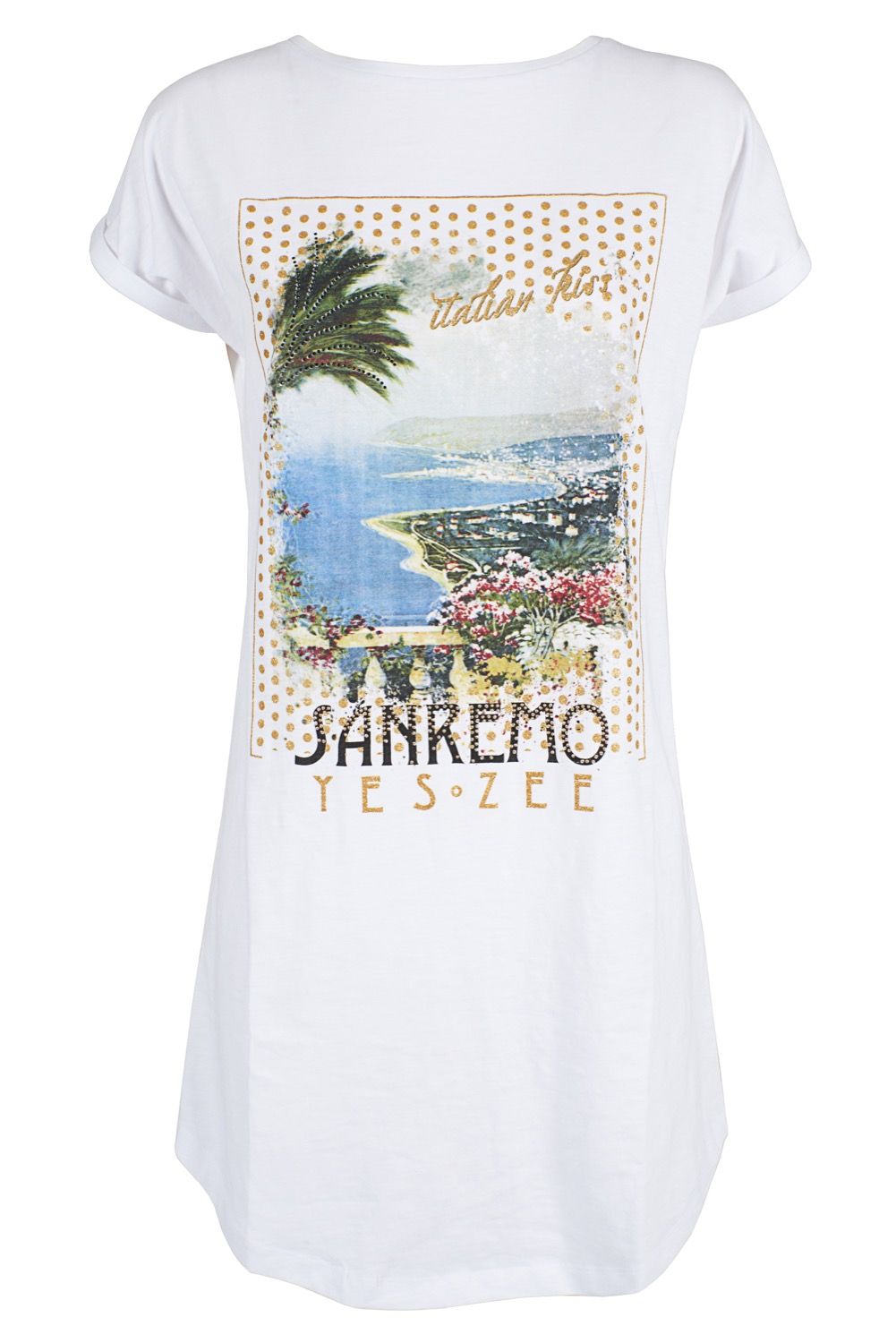 Chic White Cotton Dress with Bold Front Print