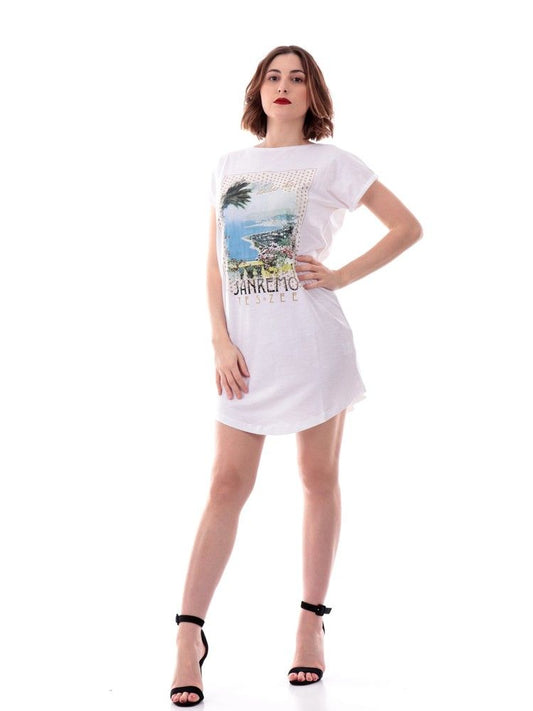 Chic White Cotton Dress with Bold Front Print