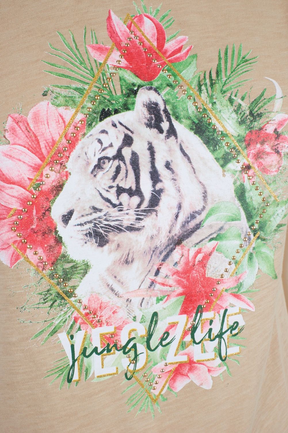 Beige Tiger Print Tee with Brass Accents