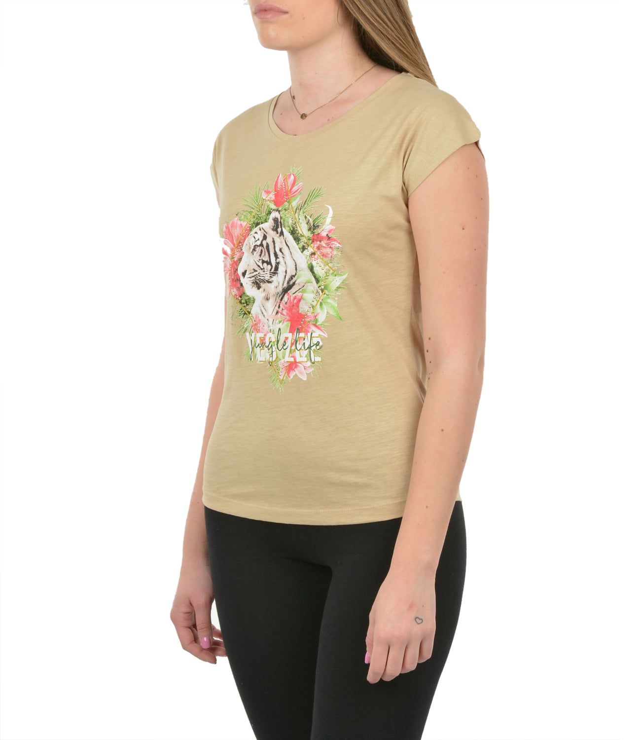 Beige Tiger Print Tee with Brass Accents