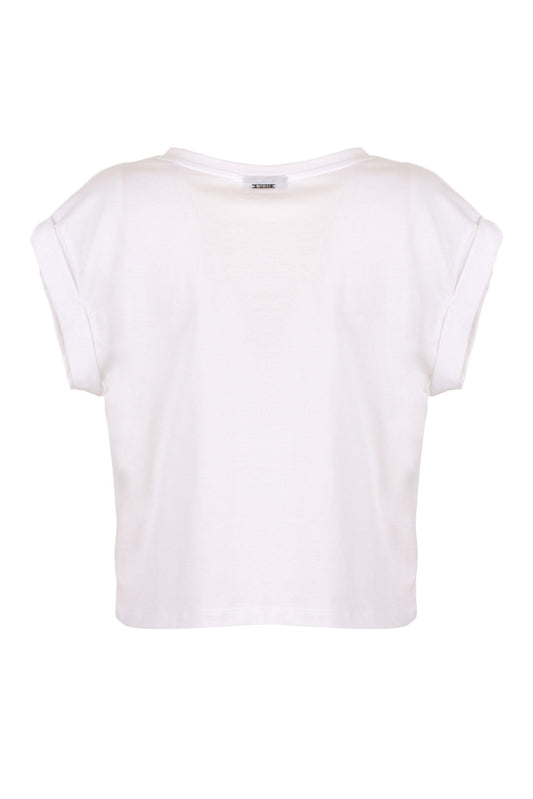 Chic White Cotton Tee with Brass Accents