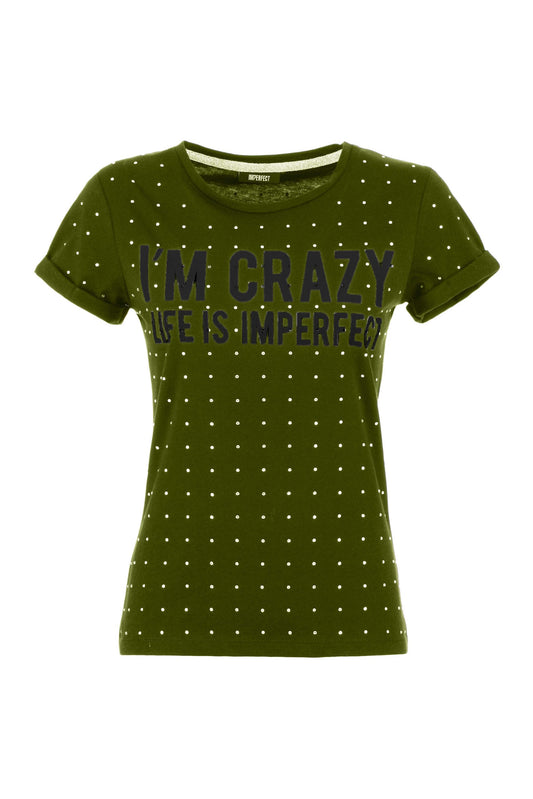 Army Green Strass Embellished Cotton Tee
