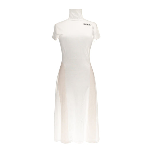 Chic Beige Short Sleeve Long Dress with Eyelet Ribbon